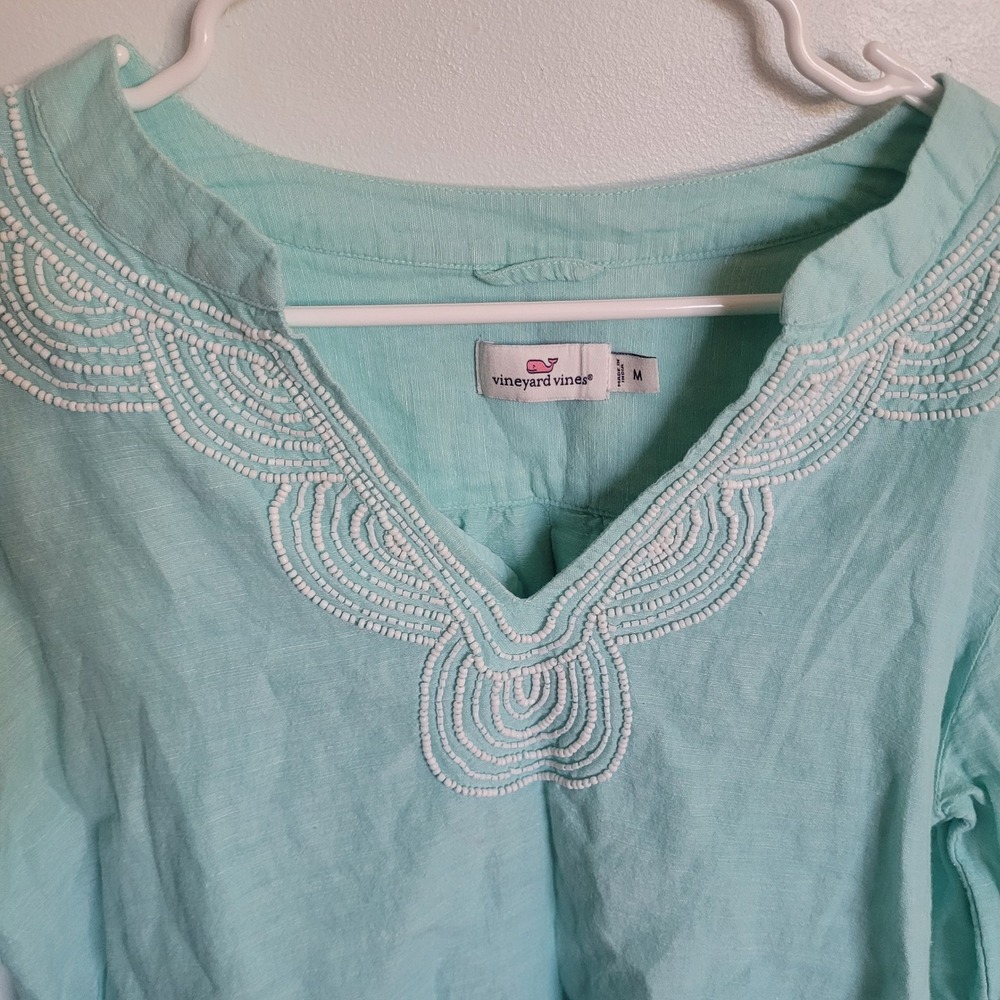 Vineyard Vines Linen Blend Beaded V Neck Tunic Top Women's M Aqua Teal Turquoise - Picture 6 of 7